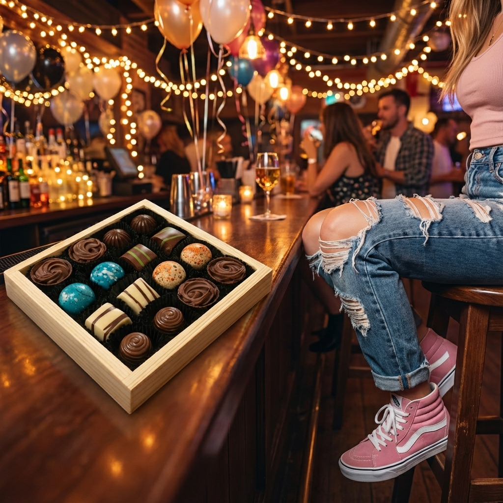 Wooden boxes of pralines