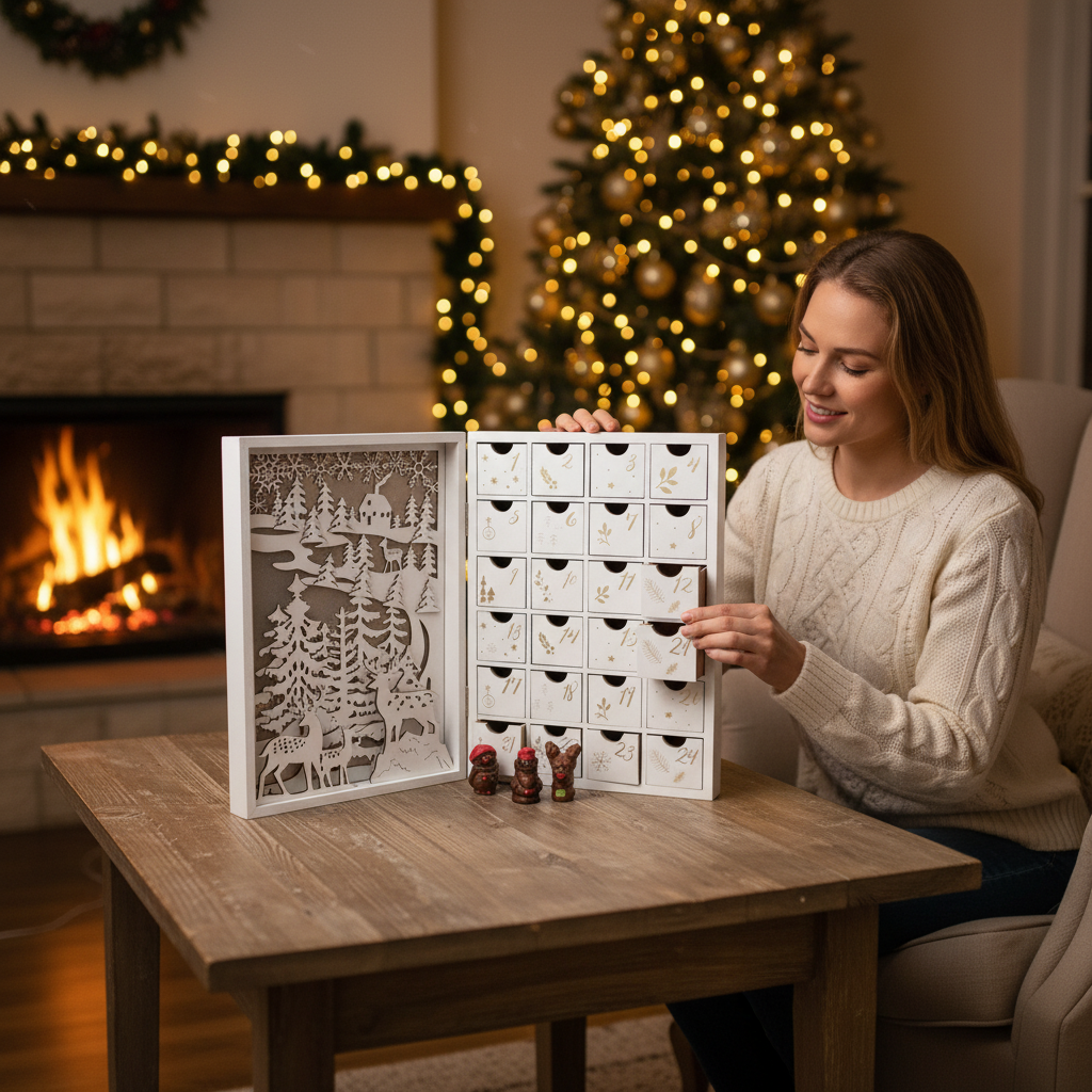 Wooden lighted advent calendar book 24 figurines