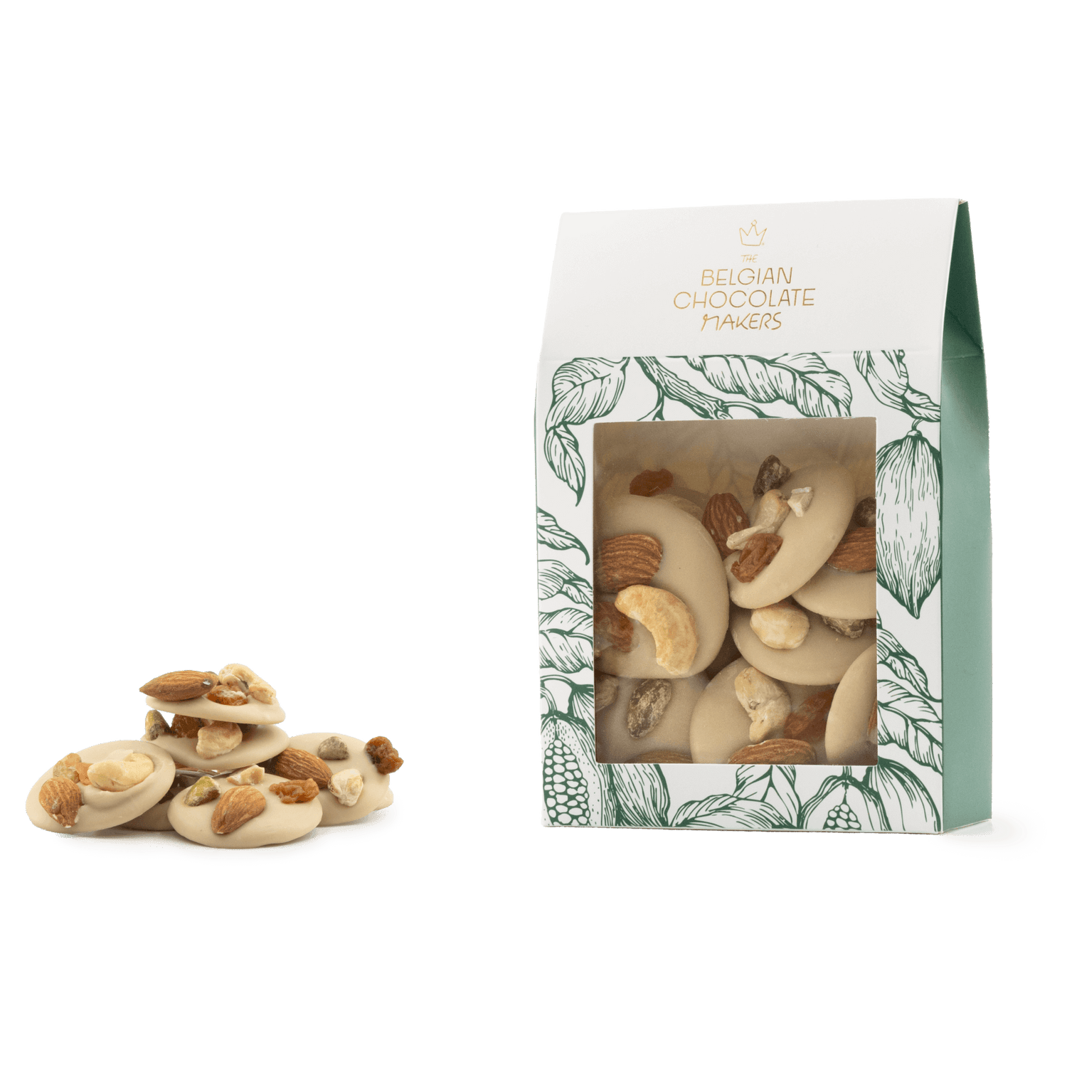 Mendiants de chocolate blanco con trocitos de pistacho, almendra, pasas y anacardos