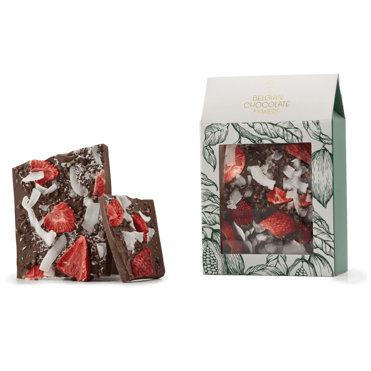 Barritas rotas de chocolate con leche con coco, fresa y cacao nibs