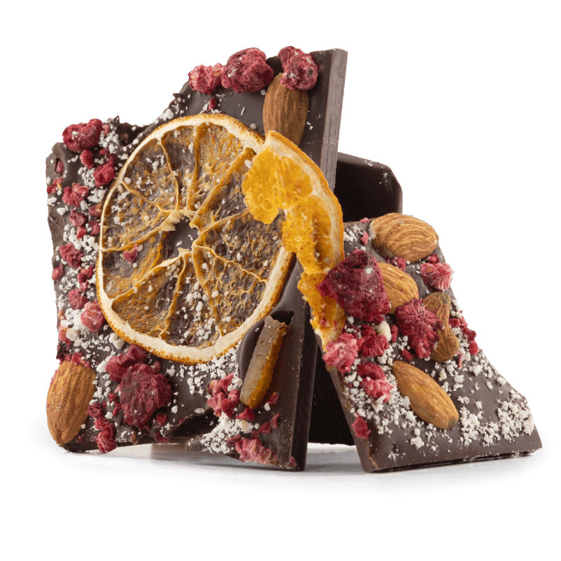 Barritas rotas de chocolate negro con frambuesa, almendra y naranja