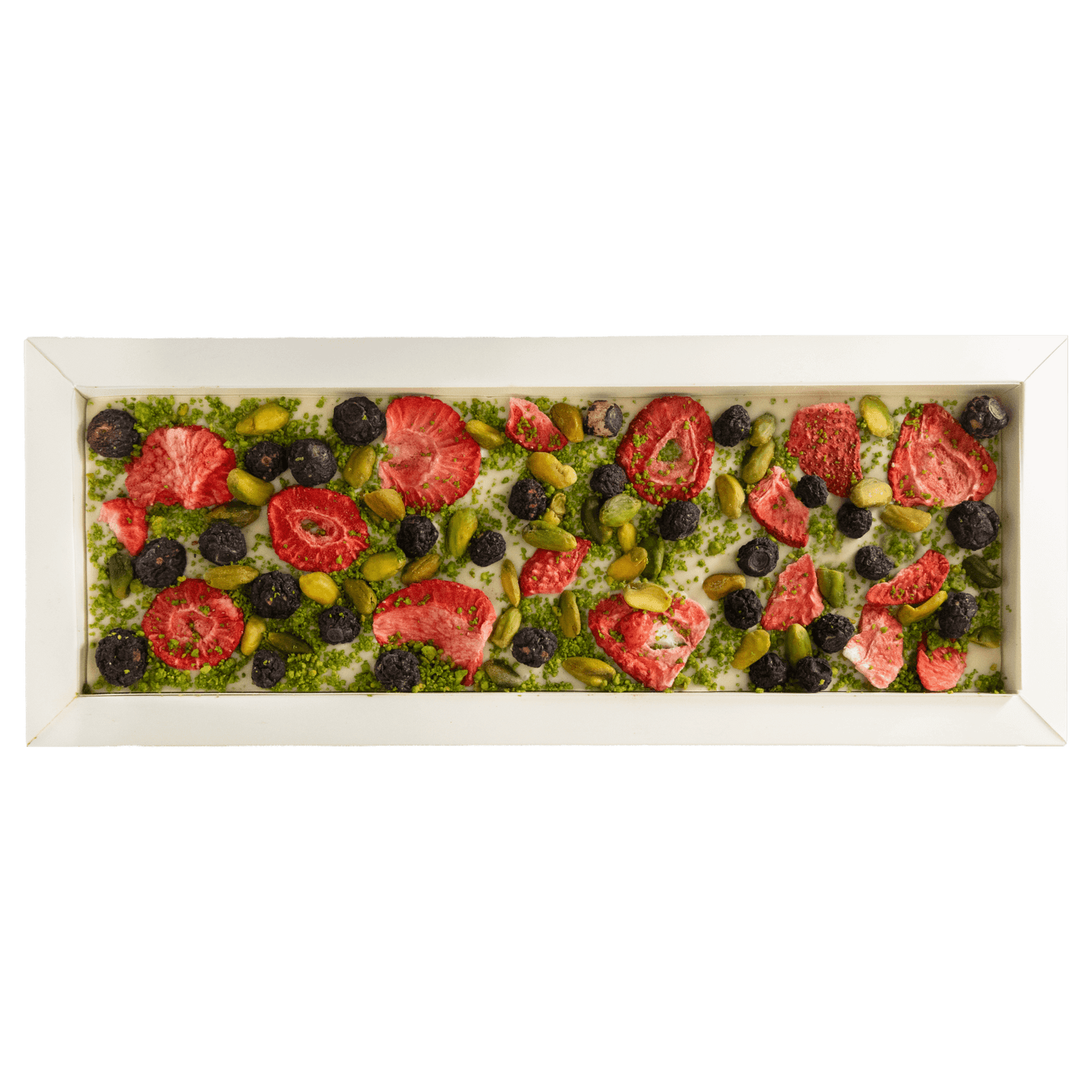 Tavoletta di cioccolato bianco Fantasy 550 gr con pezzi di fragola, pistacchio e mirtillo