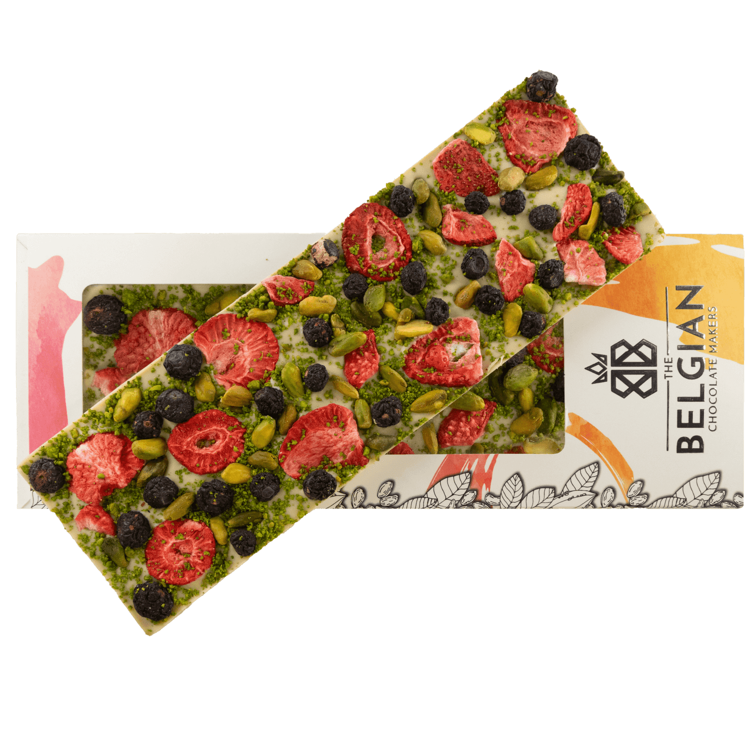 Tavoletta di cioccolato bianco Fantasy 550 gr con pezzi di fragola, pistacchio e mirtillo