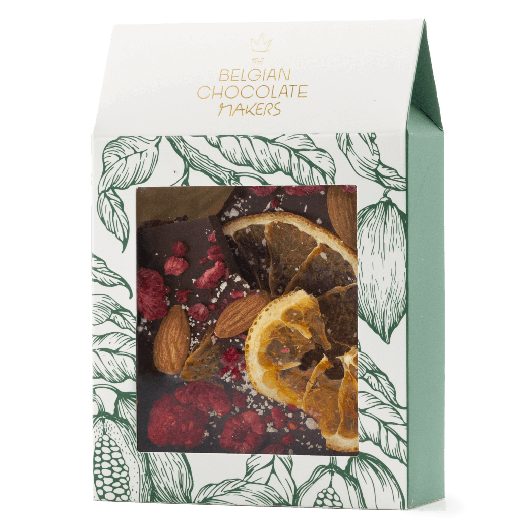 Barritas rotas de chocolate negro con frambuesa, almendra y naranja