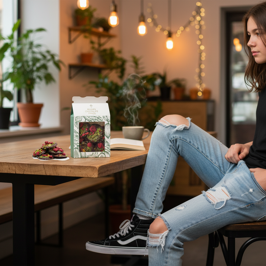 Dark chocolate mendiants with raspberry and pistachio chunks