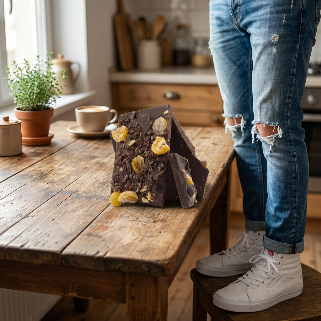 Barritas rotas de chocolate negro con kumquat y nibs de cacao