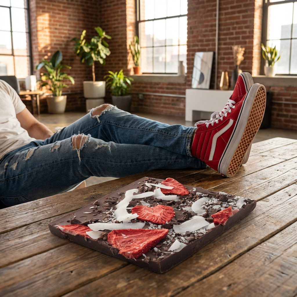 Barritas rotas de chocolate con leche con coco, fresa y cacao nibs