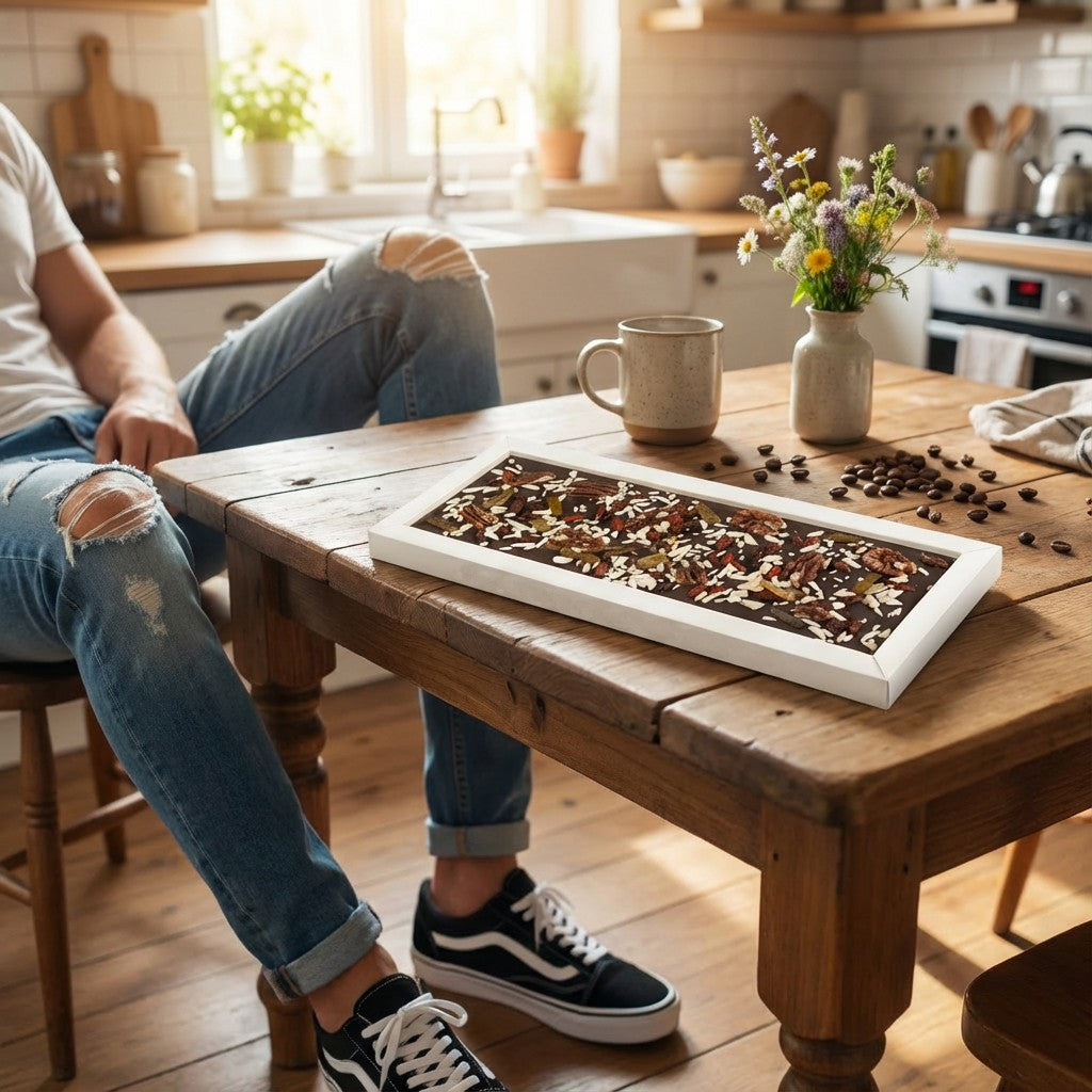 Fantasy dark chocolate bar 550 grs with pecan nut, goji berry, lemon and almond chunks