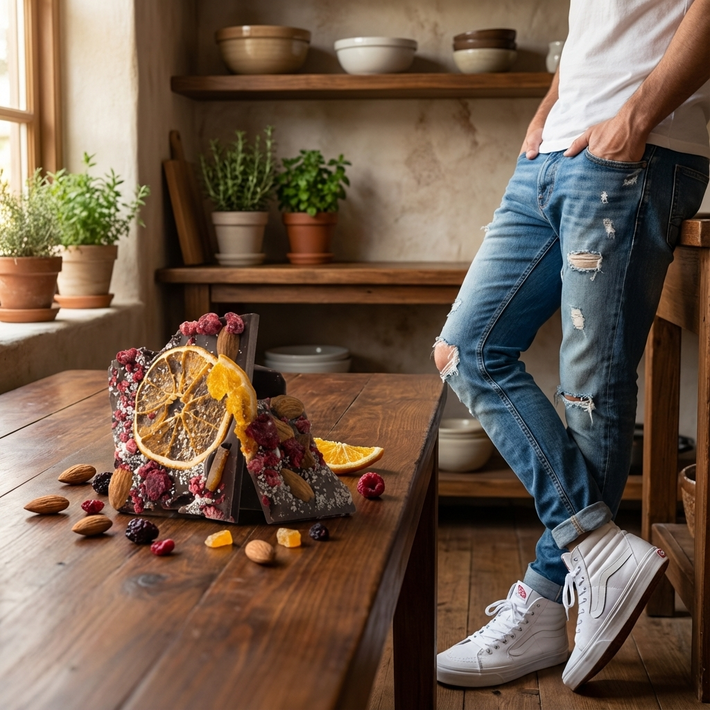 Barritas rotas de chocolate negro con frambuesa, almendra y naranja