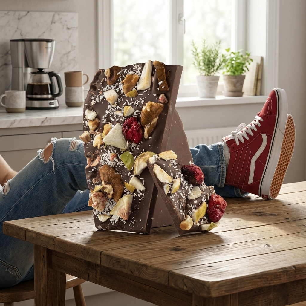 Barritas rotas de chocolate con leche con higo, limón, arándanos, nueces y coco