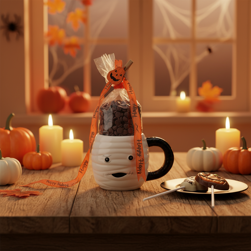 Gocce di cioccolato al latte in tazza mummia con lecca-lecca