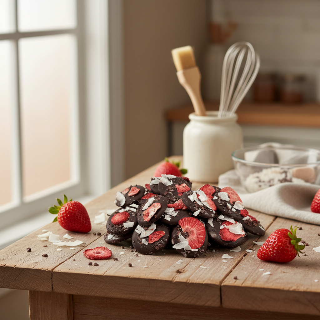 Dark chocolate mendiants with cacao nibs, strawberry and coconut chunks