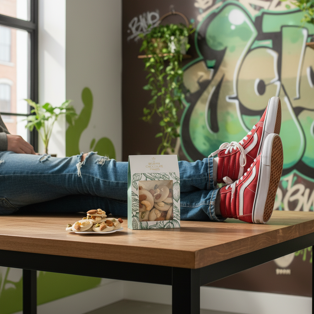 Mendiants de chocolate blanco con trocitos de pistacho, almendra, pasas y anacardos