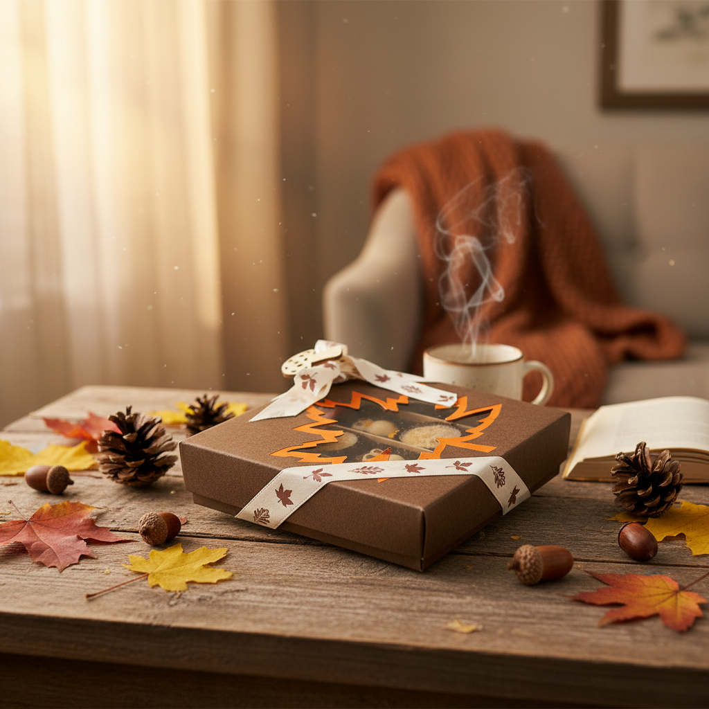 Mix of autumn pralines in a dark brown gift box