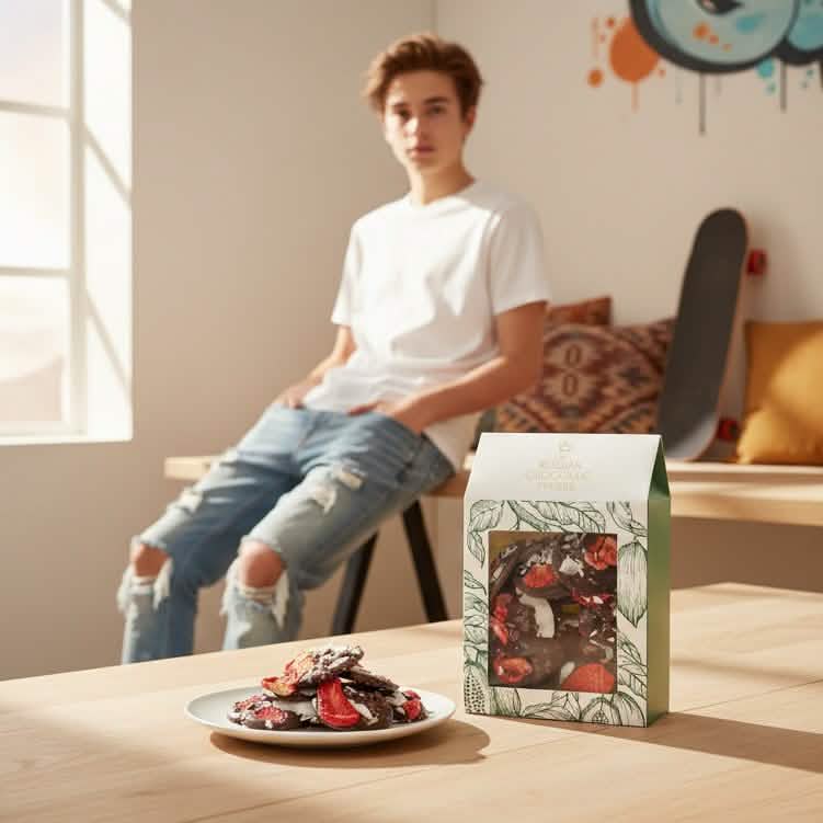 Mendiants de chocolate negro con nibs de cacao, trozos de fresa y coco