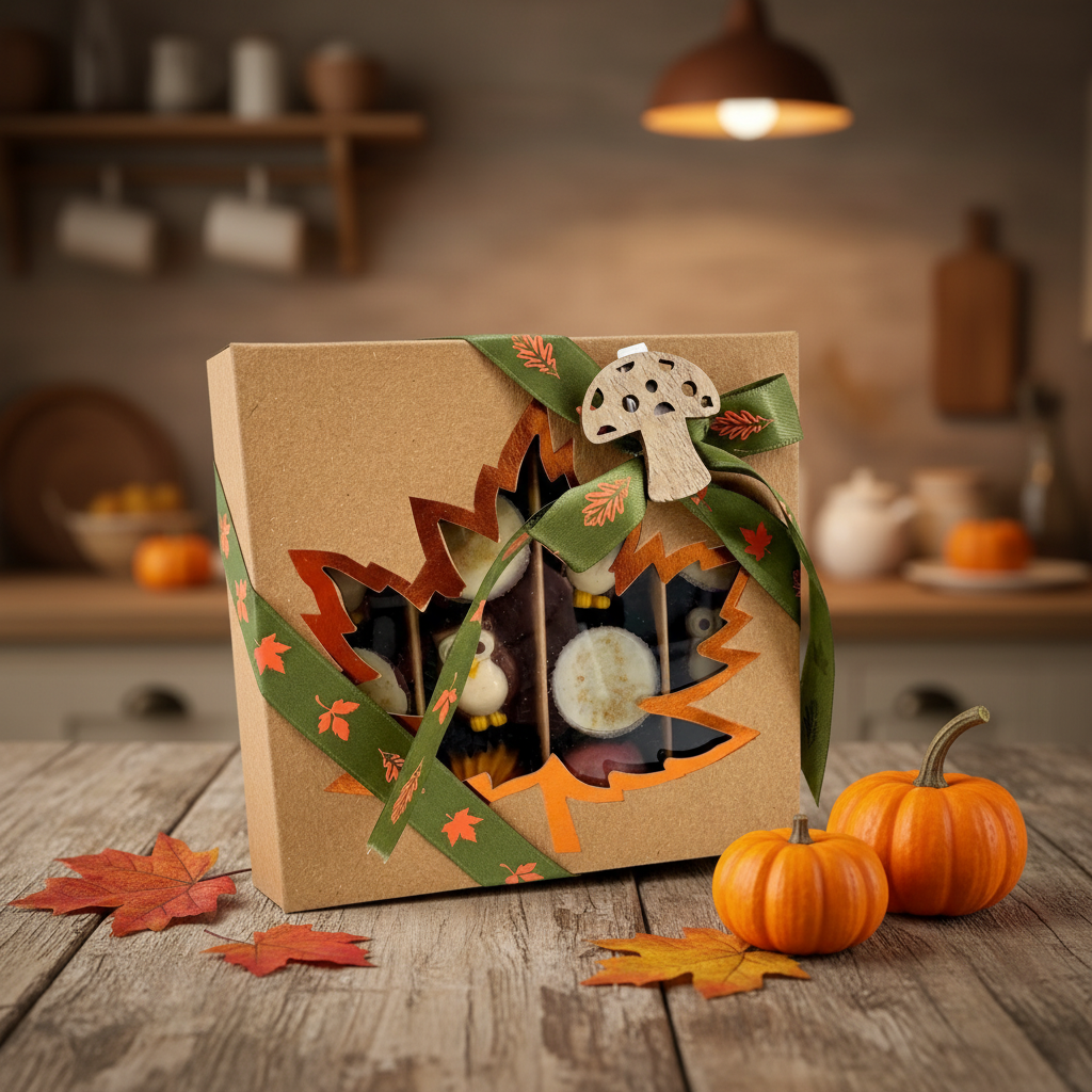 Mix of autumn pralines in a brown gift box