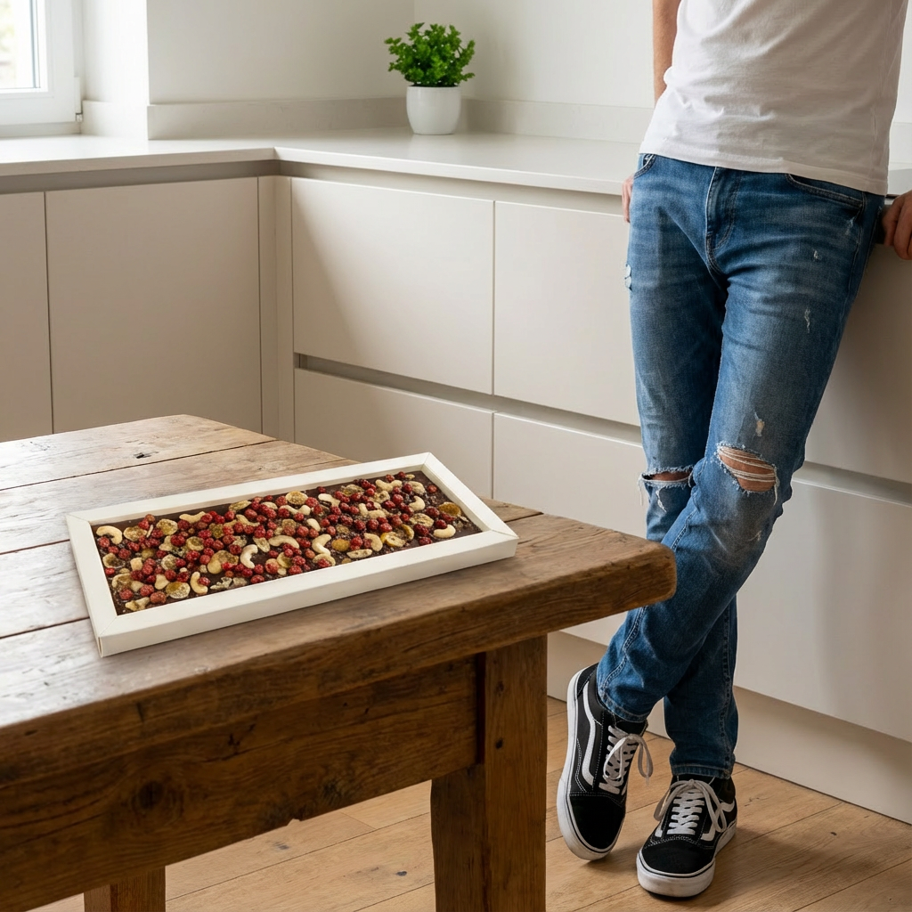 Tavoletta di cioccolato fondente Fantasy da 550 g con cacao, anacardi, kumquat e ribes rosso a pezzetti