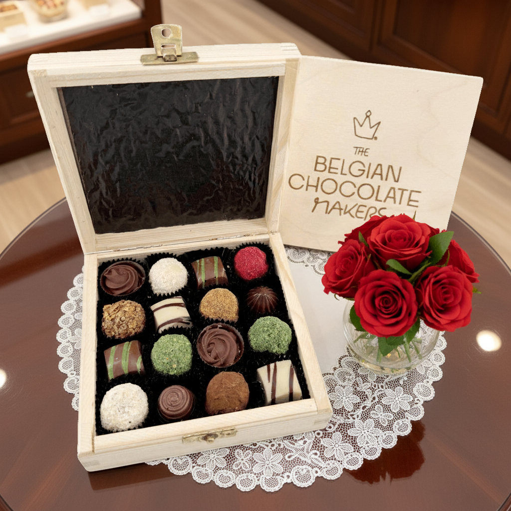 Confezione regalo in legno con 16 praline e tartufi