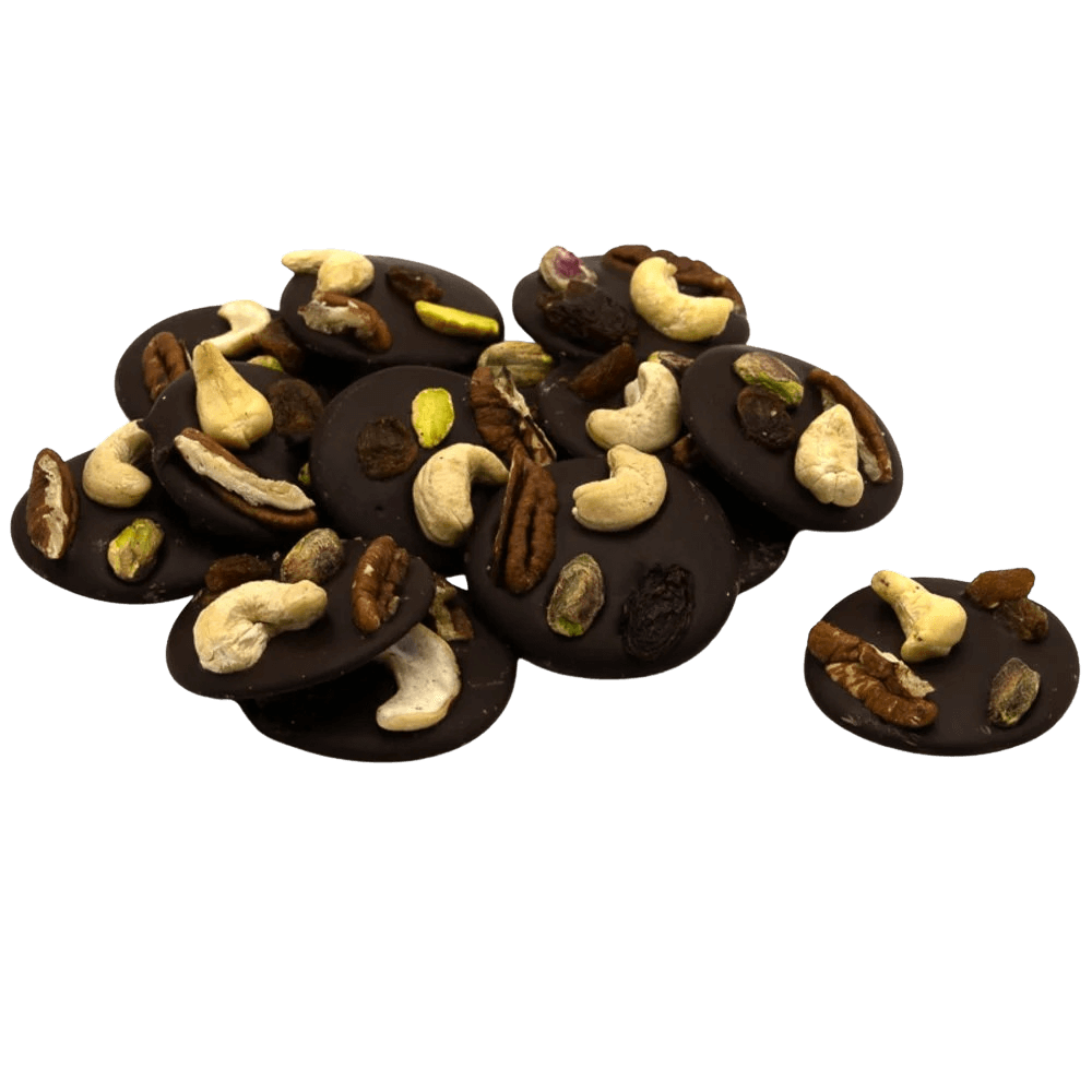 Dark chocolate mendiants with cashew, pistachio, raisin and pecan chunks