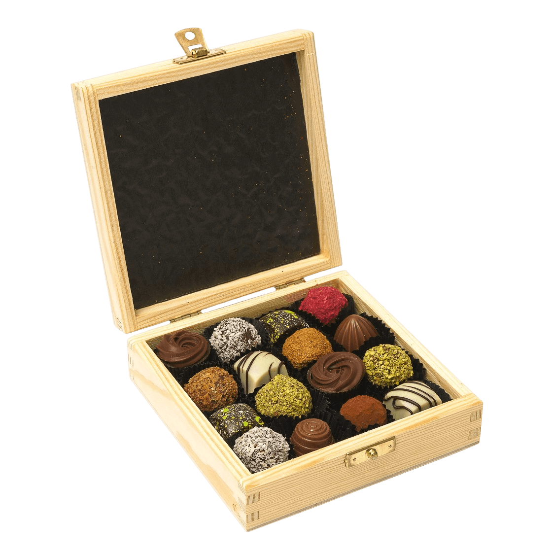 Confezione regalo in legno con 16 praline e tartufi
