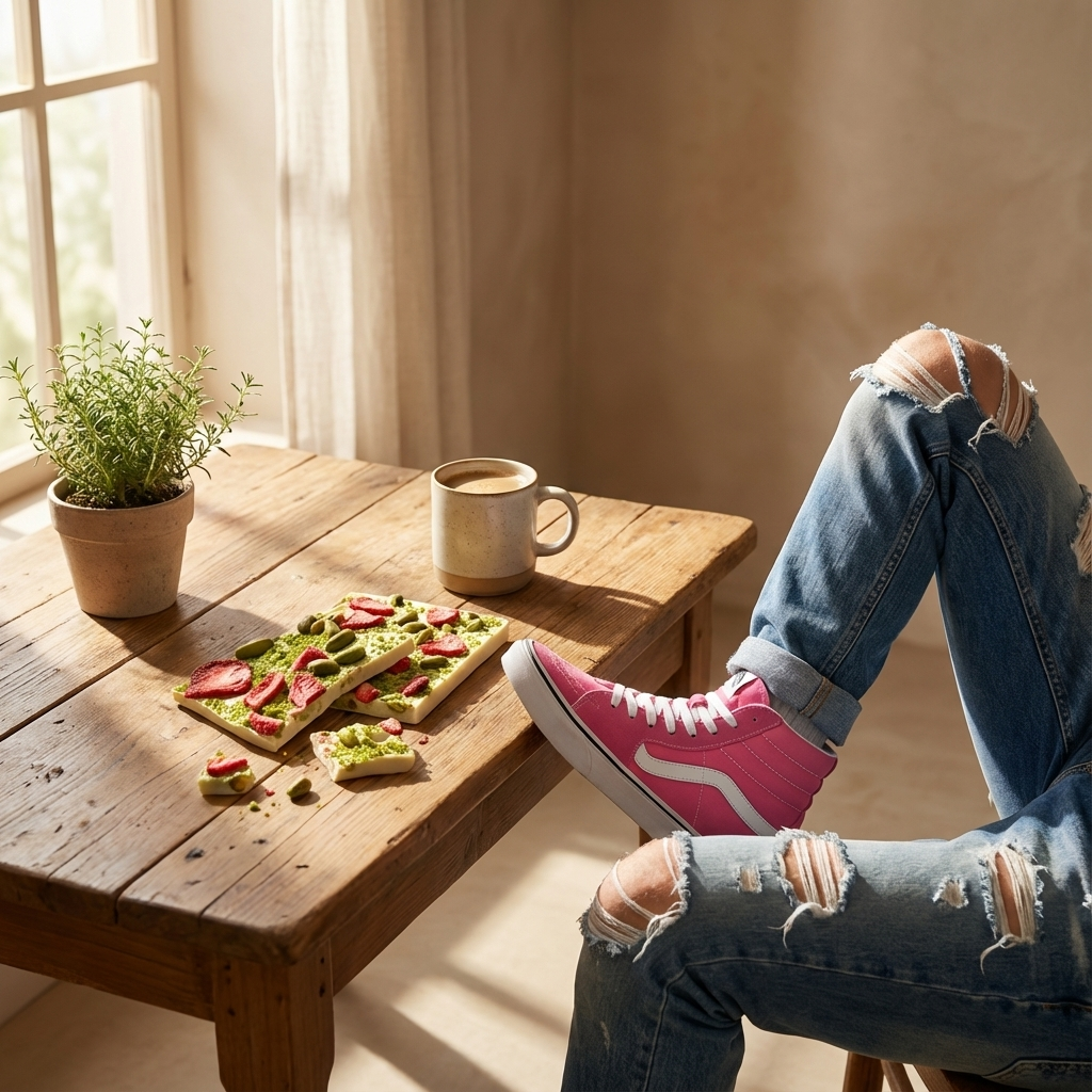 White chocolate broken bars with strawberries and pistachios