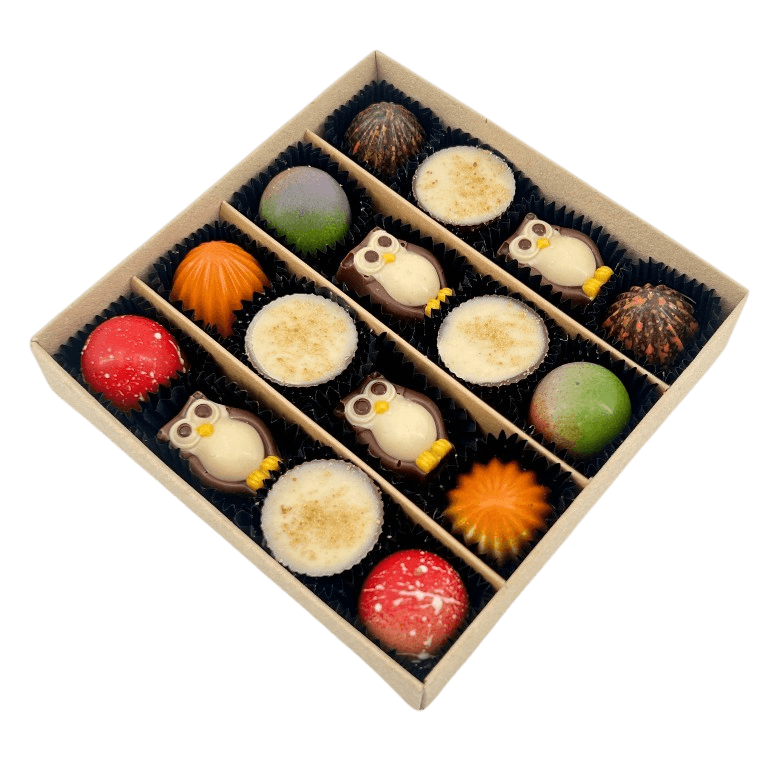Mix of autumn pralines in a craft gift box