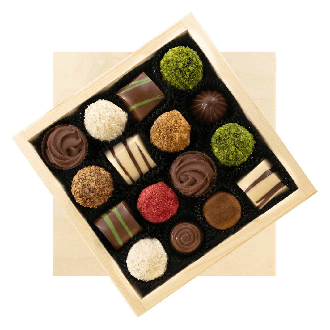 Confezione regalo in legno con 16 praline e tartufi