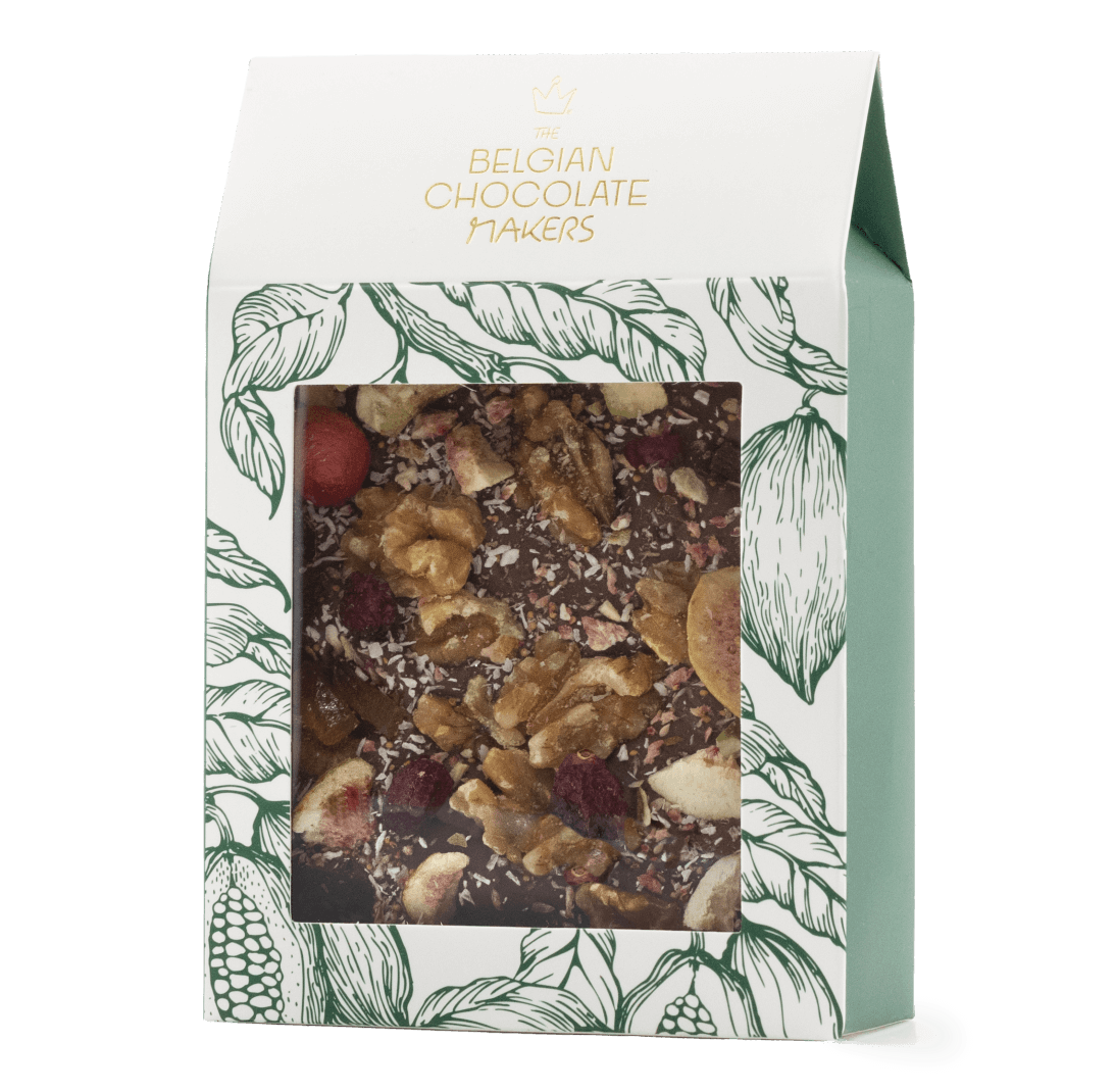 Milk chocolate broken bars with fig, lemon, cranberry, walnut, coconut