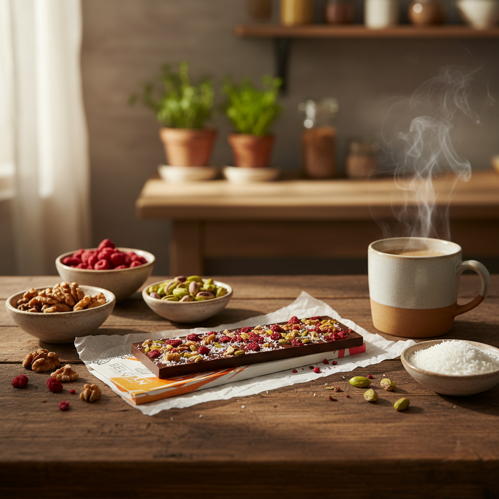 Fantasy milk chocolate bar 375 grs with walnut, pistachio, raspberry and coconut chunks