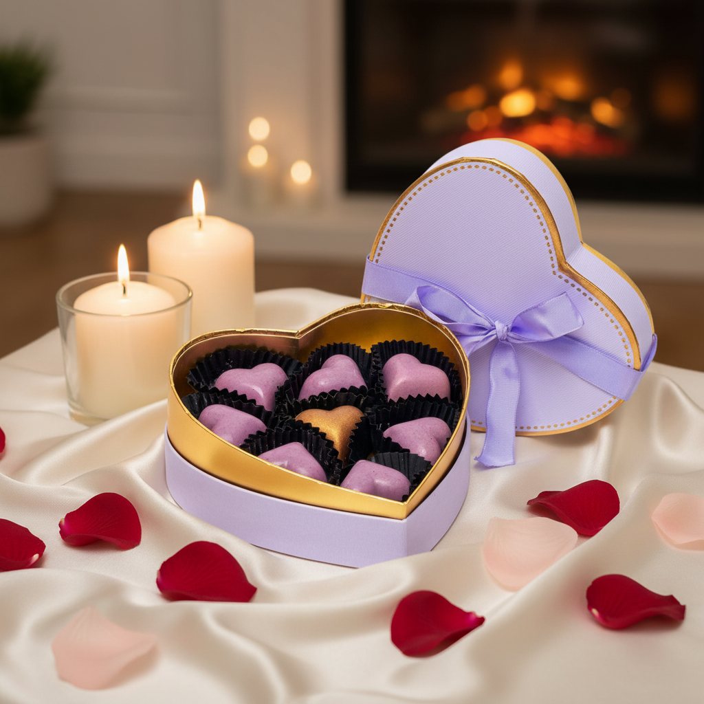 Scatola di 9 praline belghe con cuore viola 135g