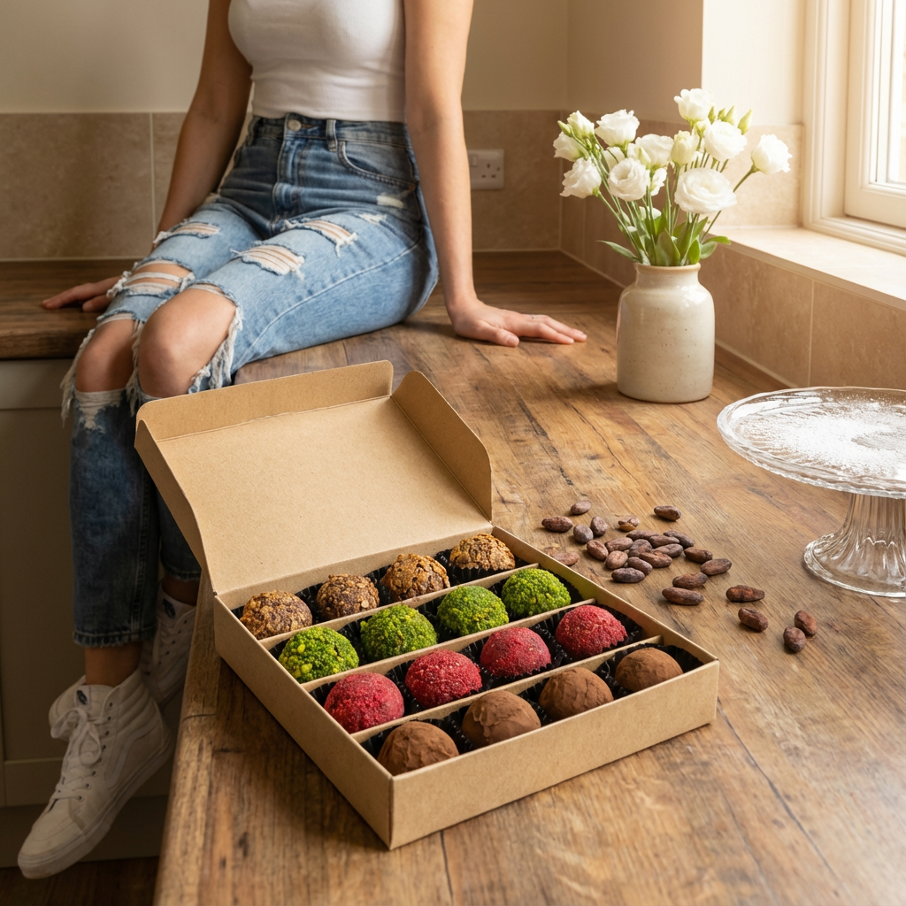 Mix di tartufi belgi autunnali in una confezione regalo rossa