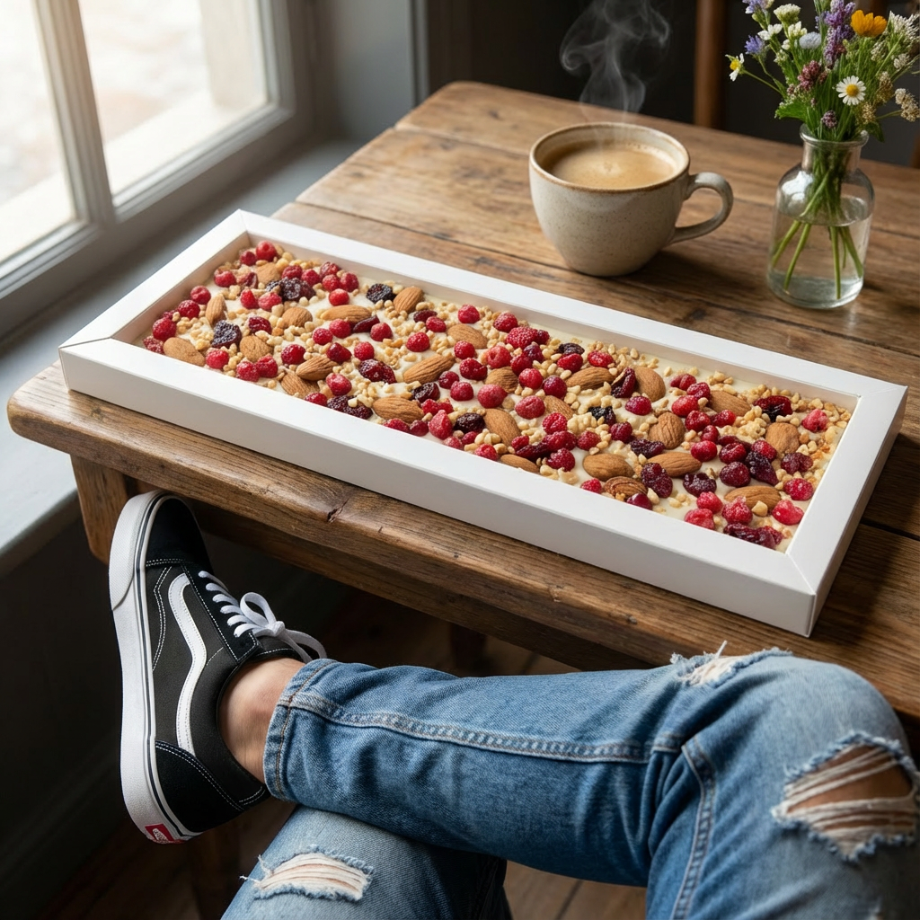 Tavoletta di cioccolato bianco Fantasy 550 gr con pezzi di mandorle, mirtilli rossi, ribes e nocciole