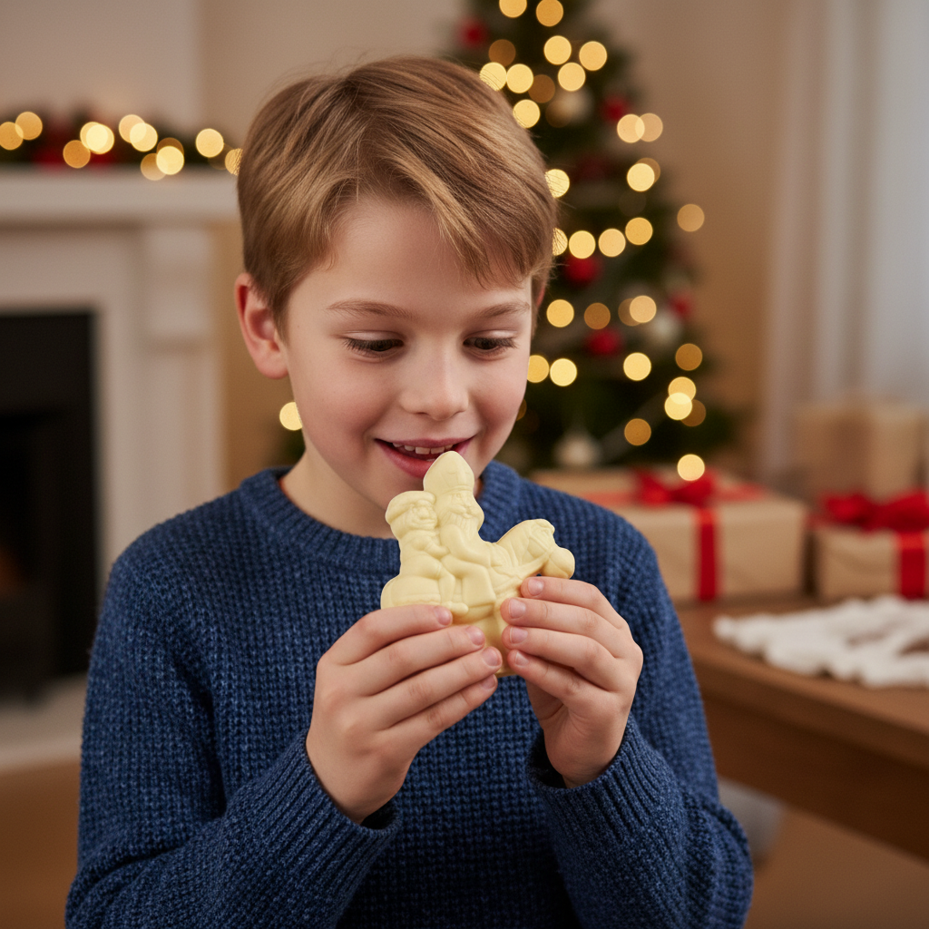 San Nicola di cioccolato bianco in sella al suo cavallo 230g