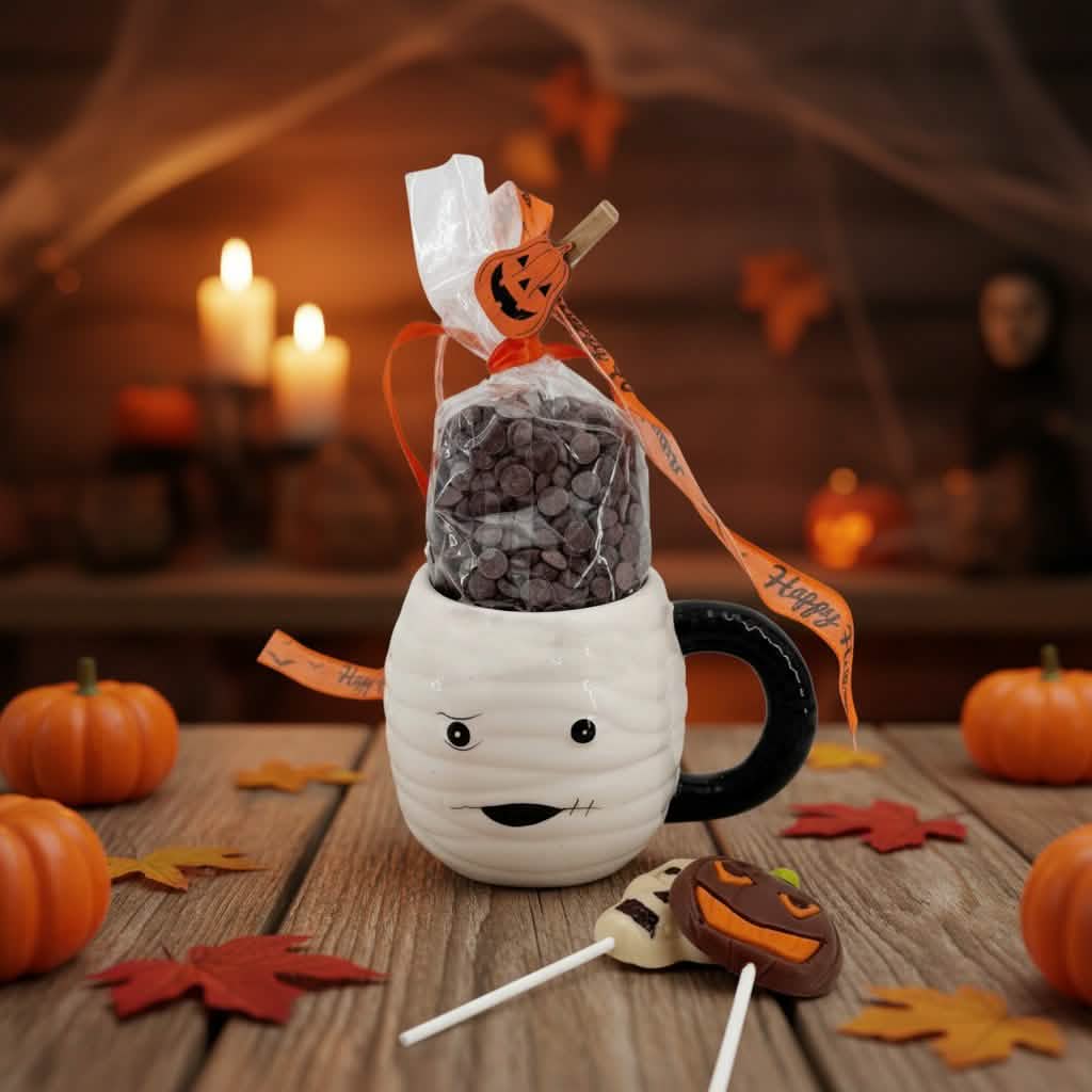 Dark chocolate drops in cup mummy with lollipops