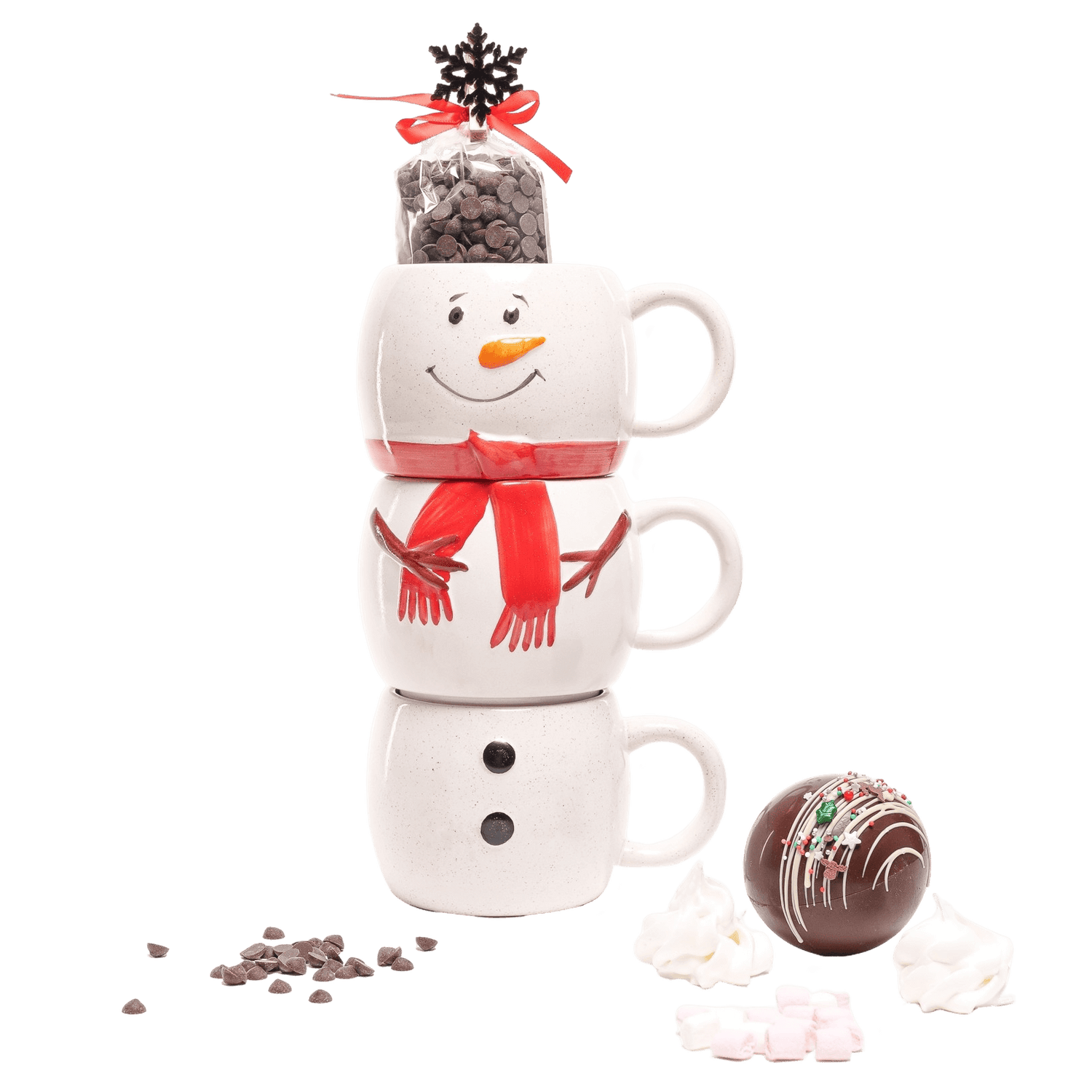 Dark chocolate drops in three snowman mugs 200g