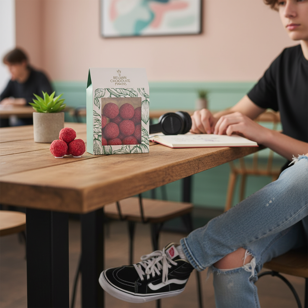 Pouch of Belgian truffles with raspberry coating 160g