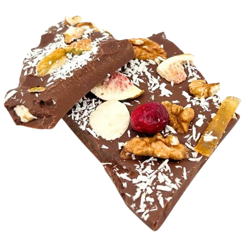 Barres brisées au chocolat au lait avec figue, citron, canneberge, noix, noix de coco