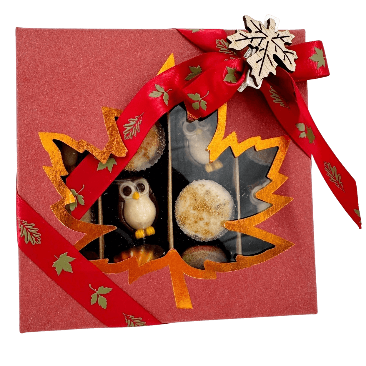 Mix of autumn pralines in a red gift box