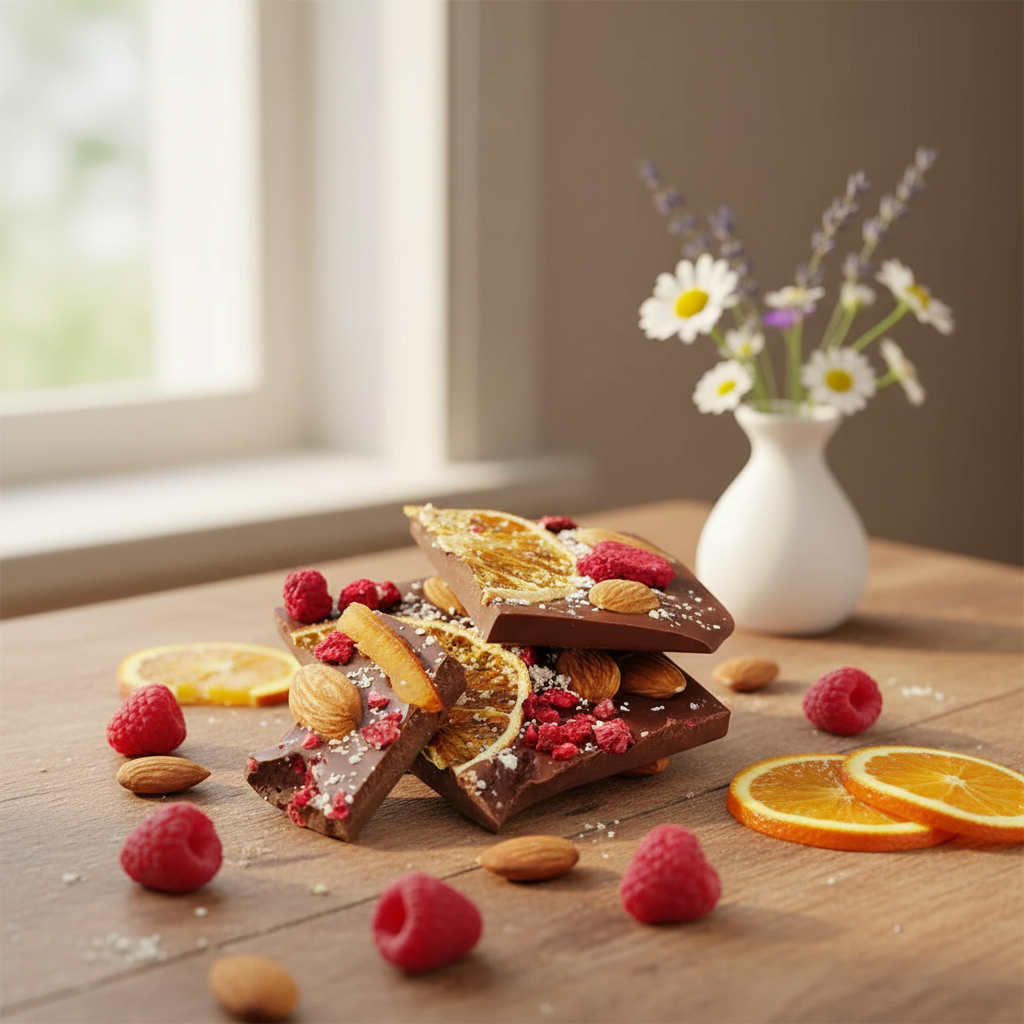 Tavolette spezzate di cioccolato fondente con lamponi, mandorle e arancia