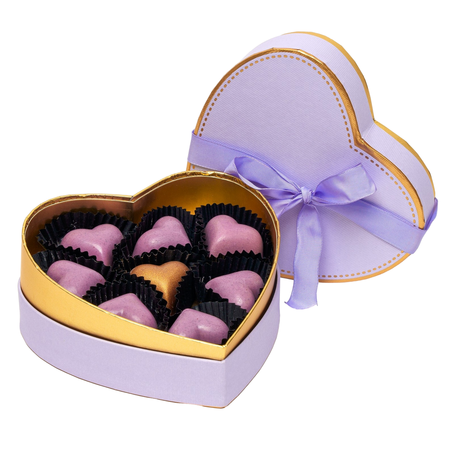Scatola di 9 praline belghe con cuore viola 135g