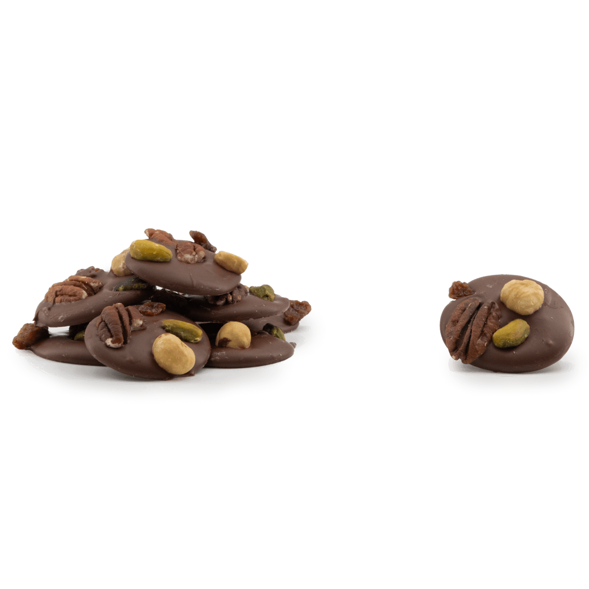 Milk chocolate mendiants with pecan, pistachio, raisin and hazelnut chunks