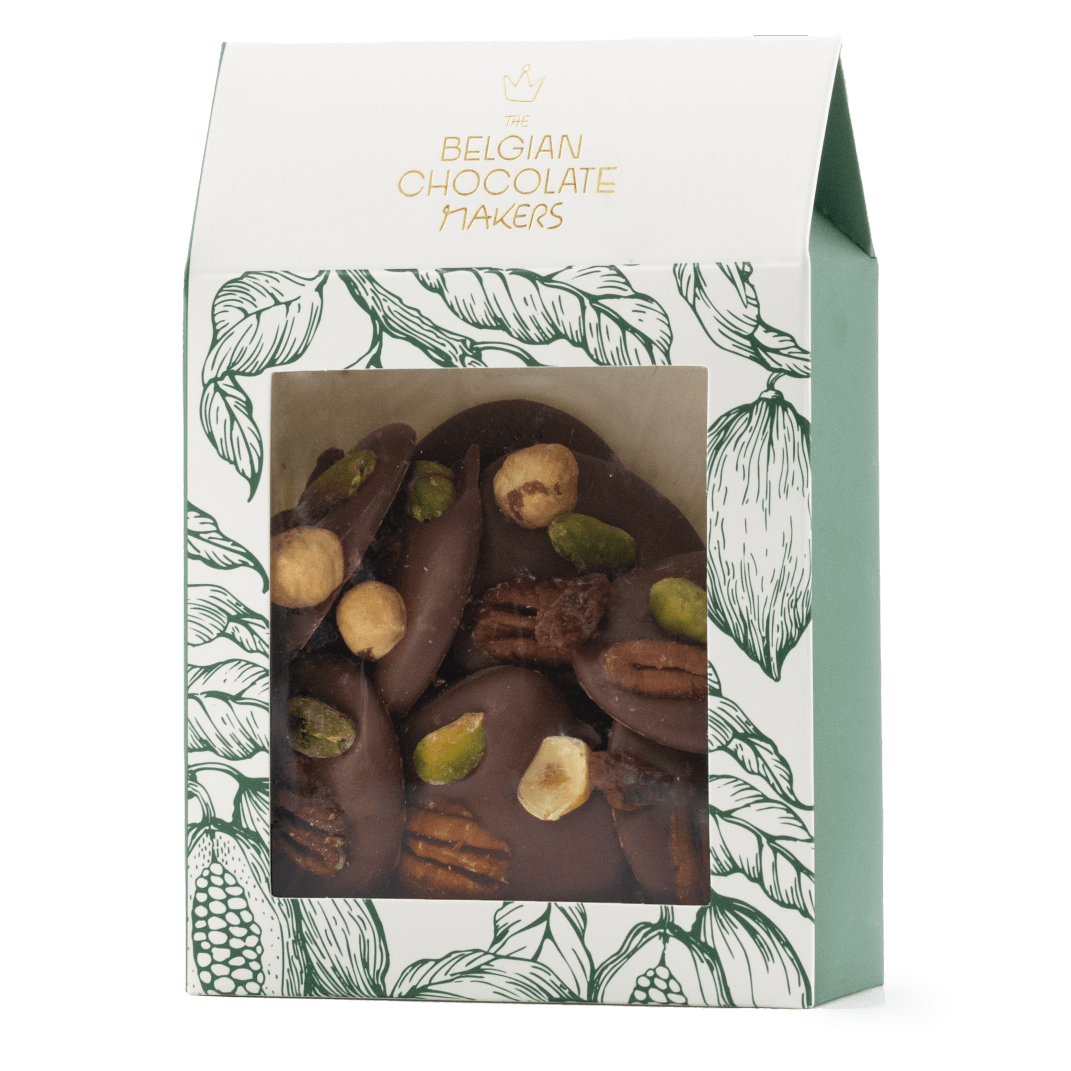 Milk chocolate mendiants with pecan, pistachio, raisin and hazelnut chunks