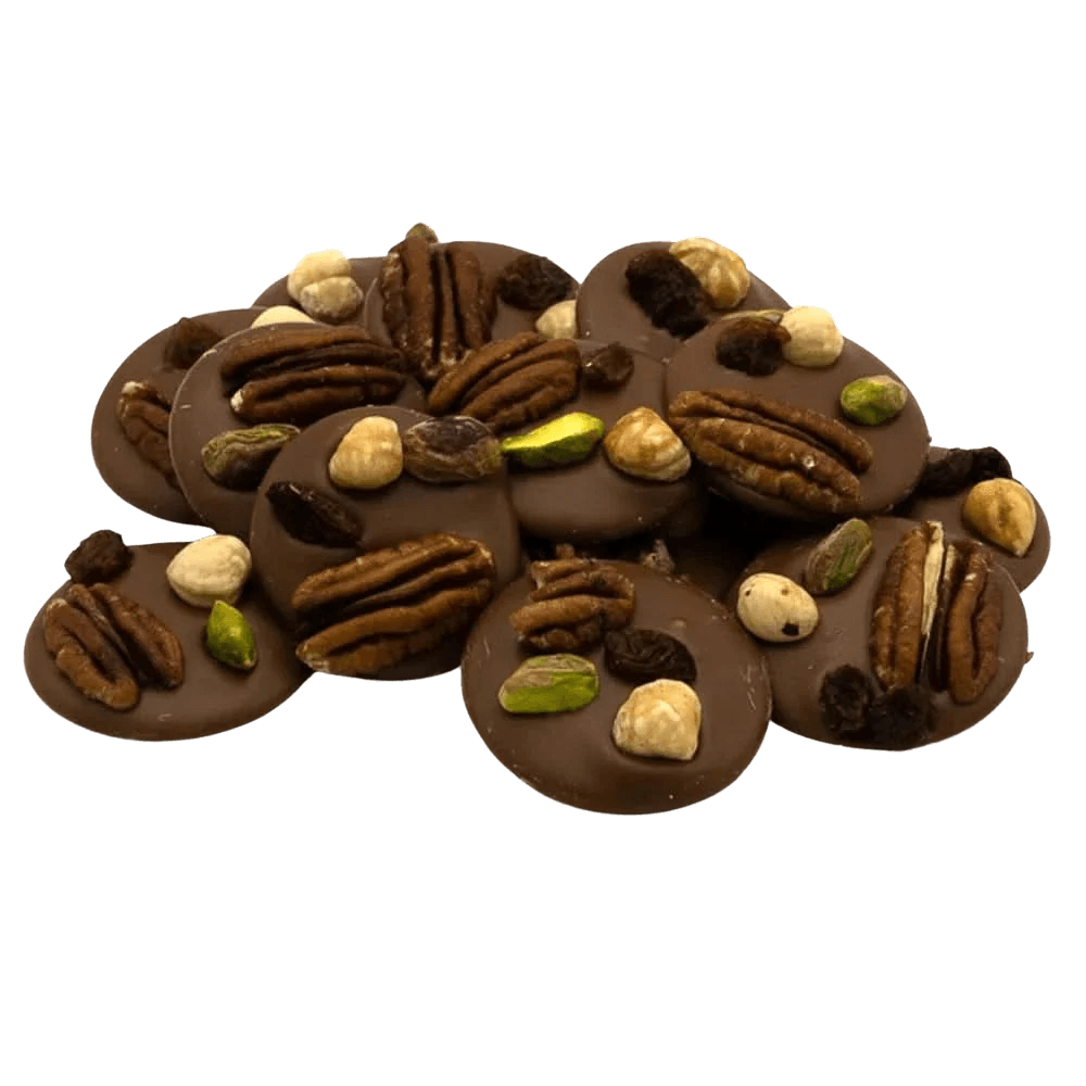 Milk chocolate mendiants with pecan, pistachio, raisin and hazelnut chunks